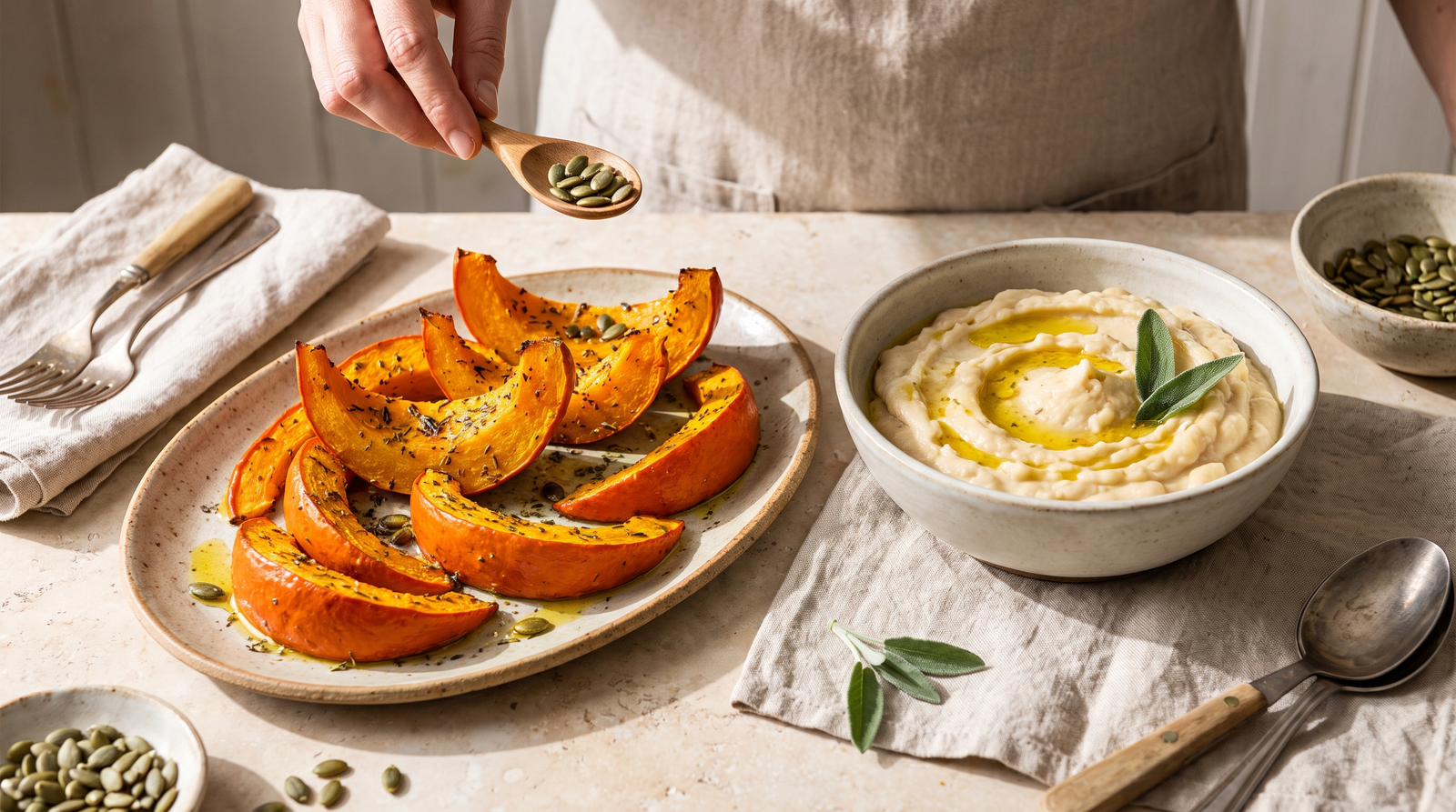 Roasted Hokkaido Pumpkin Wedges with Creamy Butter Bean Mash