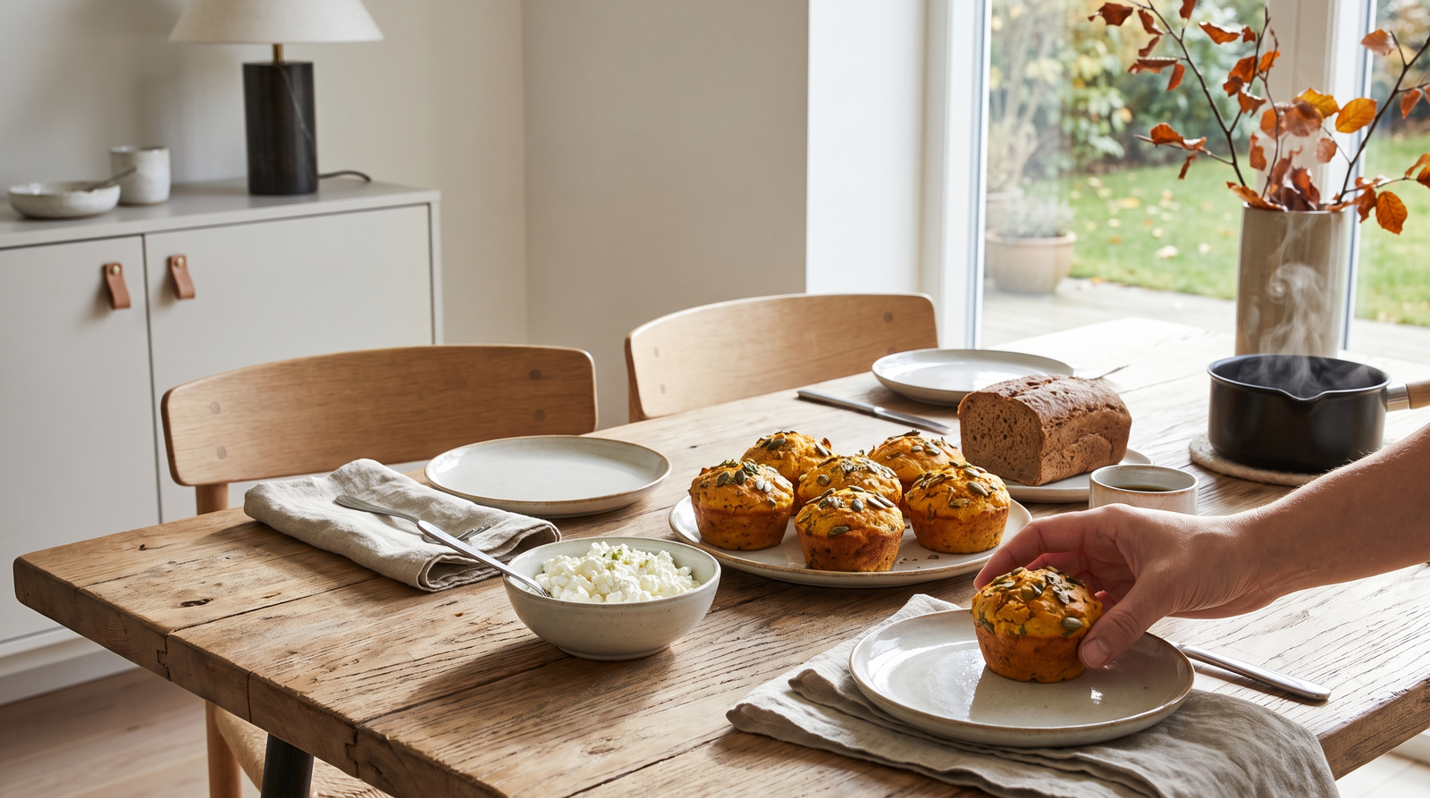 Savory Nordic Pumpkin Muffins with Cottage Cheese & Rye